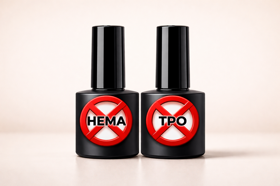 Gel bottles with hema and tpo crossed out on them
