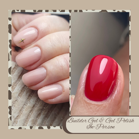 Nail care comparison with a pink manicure on the left and a red gel polish on the right, labeled 'Builder Gel & Gel Polish In Person'.