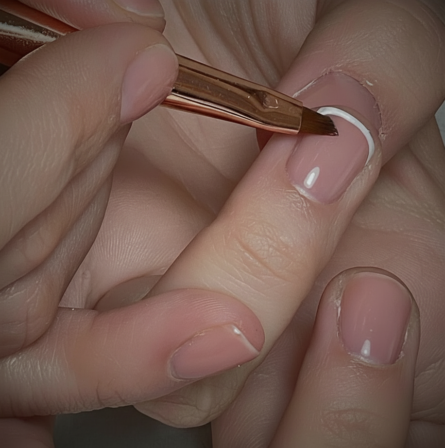 Close-up of a hand applying gel polish to another finger with a brush.